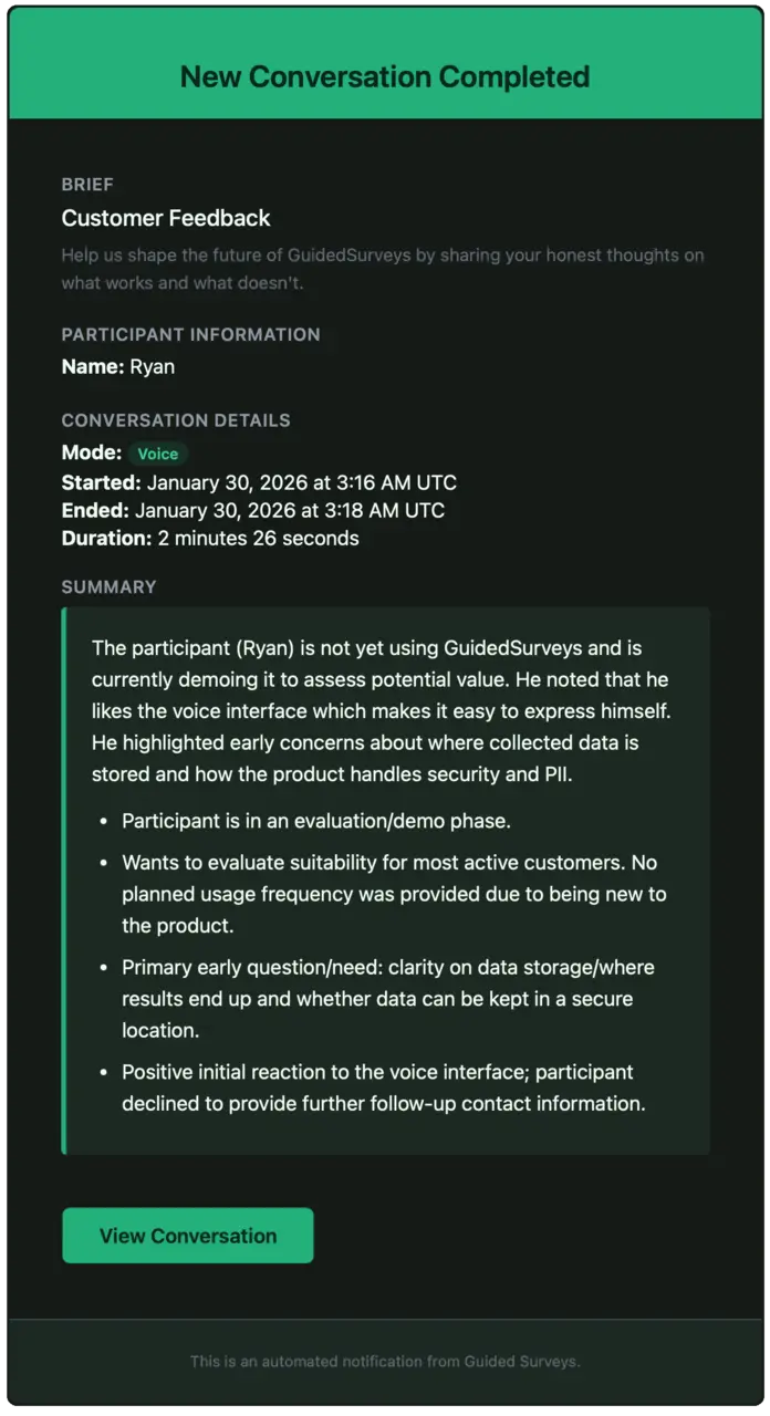 Example of a completed conversation summary showing participant feedback with AI-generated insights