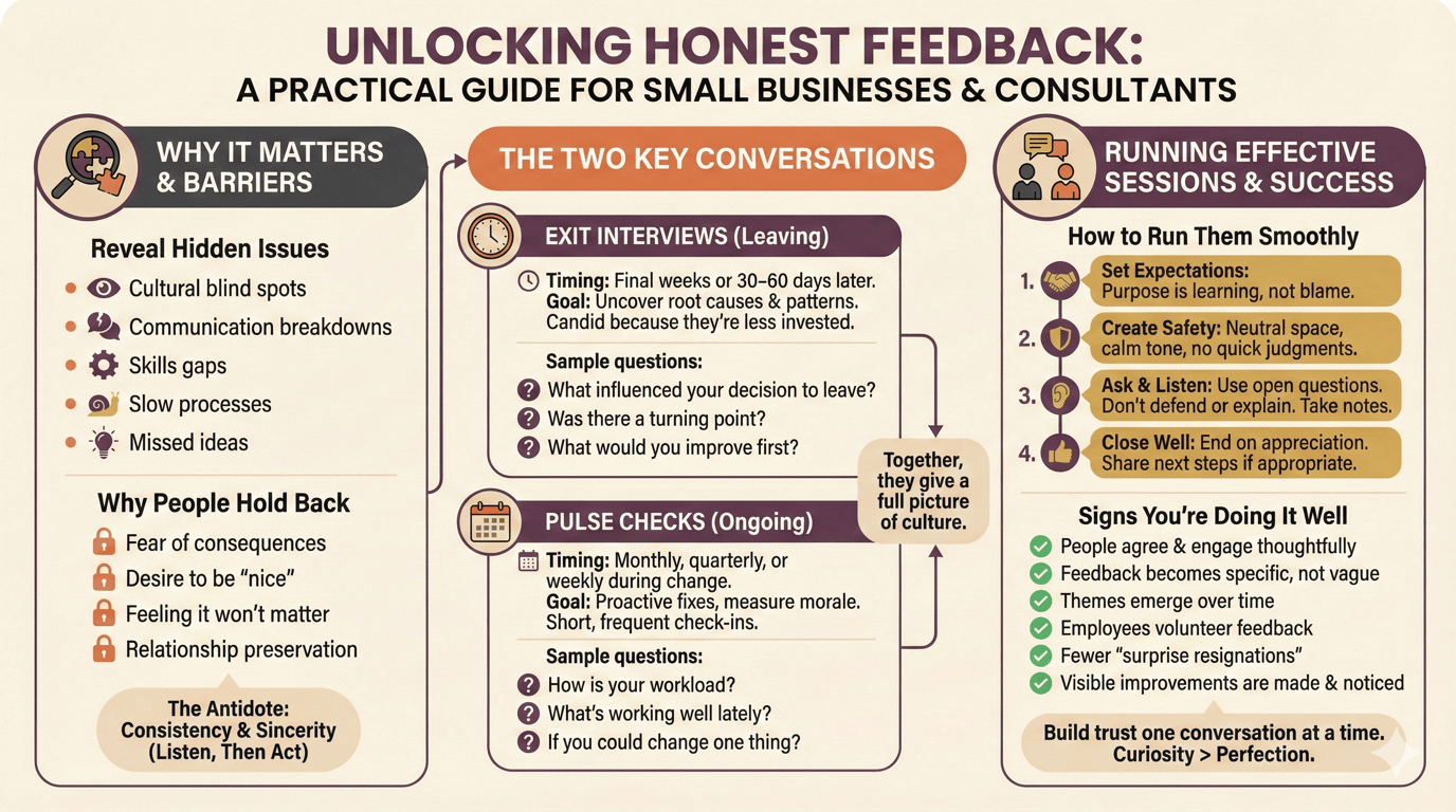 Exit Interviews & Employee Pulse Checks: A Practical, Friendly Guide for Small Businesses and Consultants